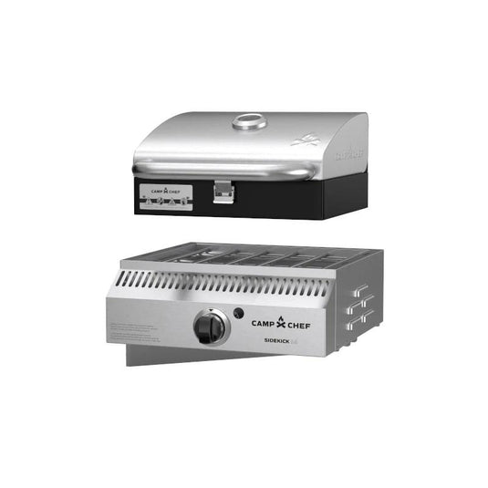Two Camp Chef Sidekicks appliances: a closed-lid portable grill on top and a propane burner attachment with control knob below, both shown on a white background.