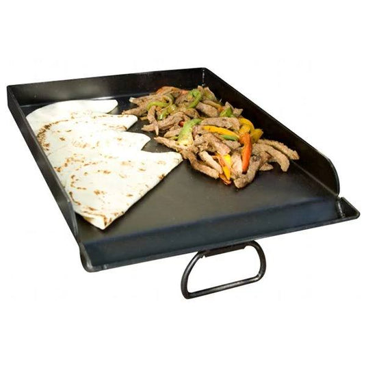 The Camp Chef Griddles 16 features tortillas on one side and cooked beef strips with green and yellow bell peppers on the other, all shown isolated on a white background.
