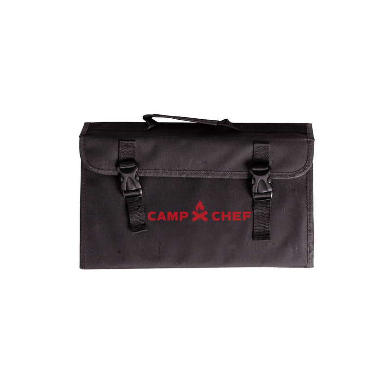 Load image into Gallery viewer, A black rectangular carrying case with a handle, two buckle closures, and Camp Chef in red on the front—ideal for storing your 9 Piece Professional Knife Set or cutting board.
