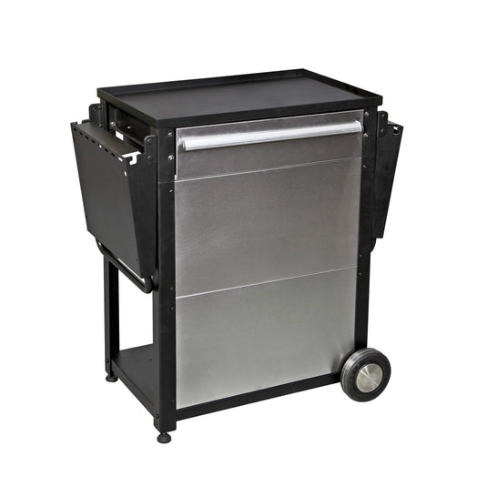 The Camp Chef Patio Cart features a stainless steel and black metal build, flat top, side compartments, rear wheels, and lower storage—ideal for your patio or outdoor kitchen.