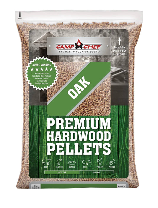 Camp Chef Hardwood Pellets come in a 20 lb resealable bag, deliver rich smoke flavor, feature visible wood pellets, and are ideal for beef, seafood, baking, pork, poultry, and veggies.
