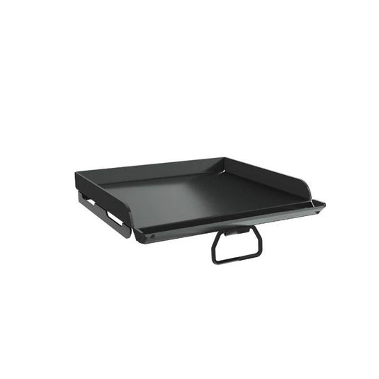 The Camp Chef Griddles 14 is a black pre-seasoned griddle pan with raised edges and side/front handles, ideal for grill or stovetop use. It works perfectly as a flat top griddle, ensuring even heat distribution.