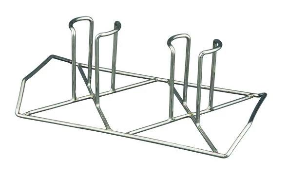 Load image into Gallery viewer, The Camp Chef Beer Can Chicken Holder is a silver wire rack with four upright dividers and a rectangular base, perfect for organizing trays, pans, lids, or using as a chicken holder on your patio grill.
