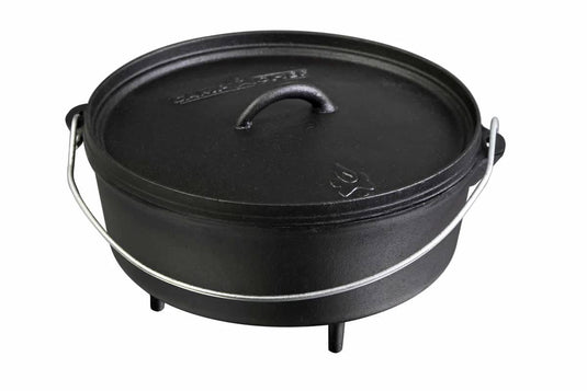 The Camp Chef Classic Dutch Oven is a pre-seasoned black cast iron pot with a lid, wire handle, and three short legs, designed for outdoor cooking.