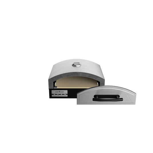 The Camp Chef Artisan Pizza Ovens 14 is a compact stainless steel outdoor oven with a removable front door to reveal its ceramic stone interior, curved top, and sleek black base.