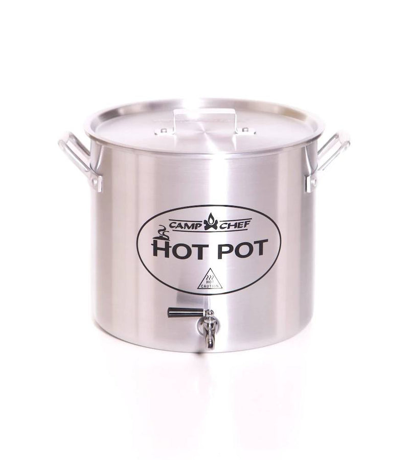 Load image into Gallery viewer, The Camp Chef Hot Water Pot features stainless steel construction, a lid, side handles, and a front spout for easy pouring—perfect as an outdoor beverage dispenser for hot drinks at the campsite. Shown on a white background.
