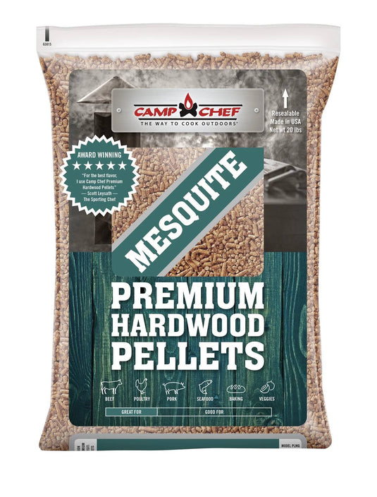 A 20-pound bag of Camp Chef Hardwood Pellets with a turquoise label featuring icons for beef, pork, seafood, and veggies. The clear bag lets you see the pellets inside—ideal for infusing your dishes with rich smoke flavor.
