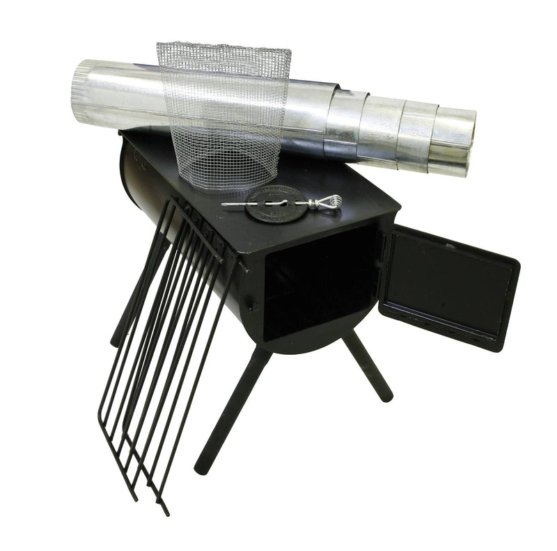 Load image into Gallery viewer, The Camp Chef Alpine Heavy Duty Cylinder System is a black metal portable wood stove with four legs and a grill, perfect for wall tent camping. Stove pipe sections, wire mesh, and a small metal tool rest atop the wood-burning cylinder.
