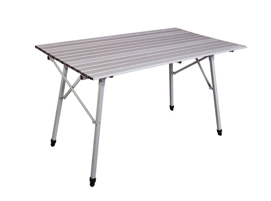 The Camp Chef Mesa Aluminum Camp Table features a ribbed metal surface, rectangular shape, collapsible legs, and adjustable height, shown against a white background.