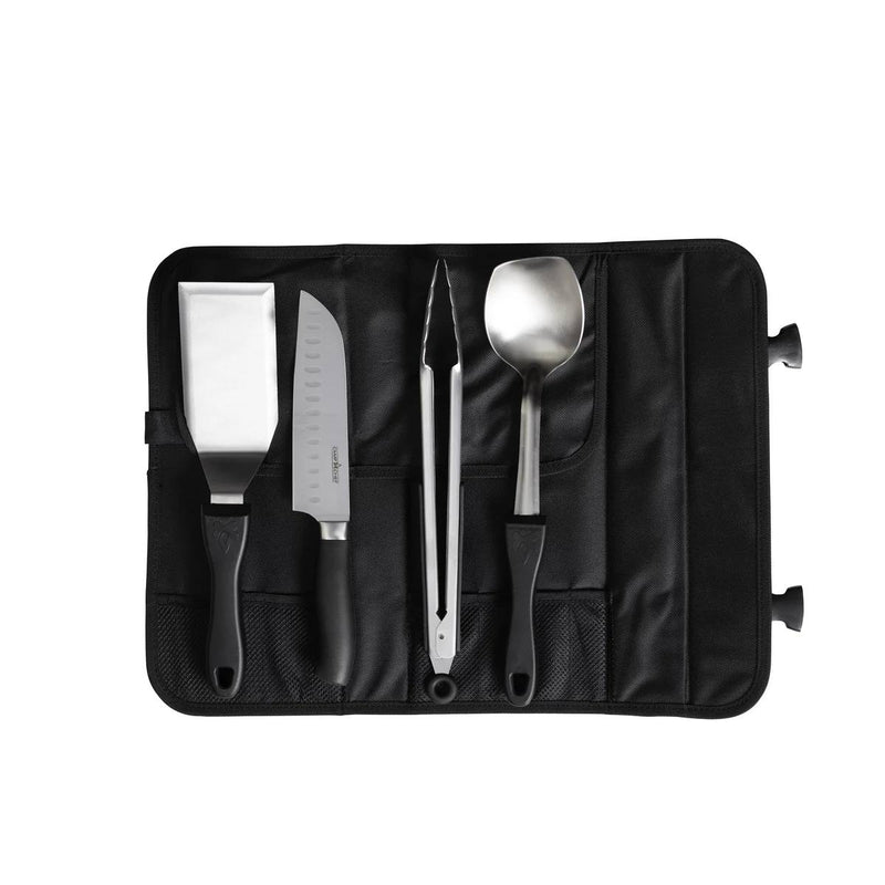 Load image into Gallery viewer, The Camp Chef 5 Piece All Purpose Chef Set features a black carrying case with separate pockets for a metal spatula, chef’s knife, tongs, serving spoon (all with black handles), and more—portable and neatly organized for cooking anywhere.
