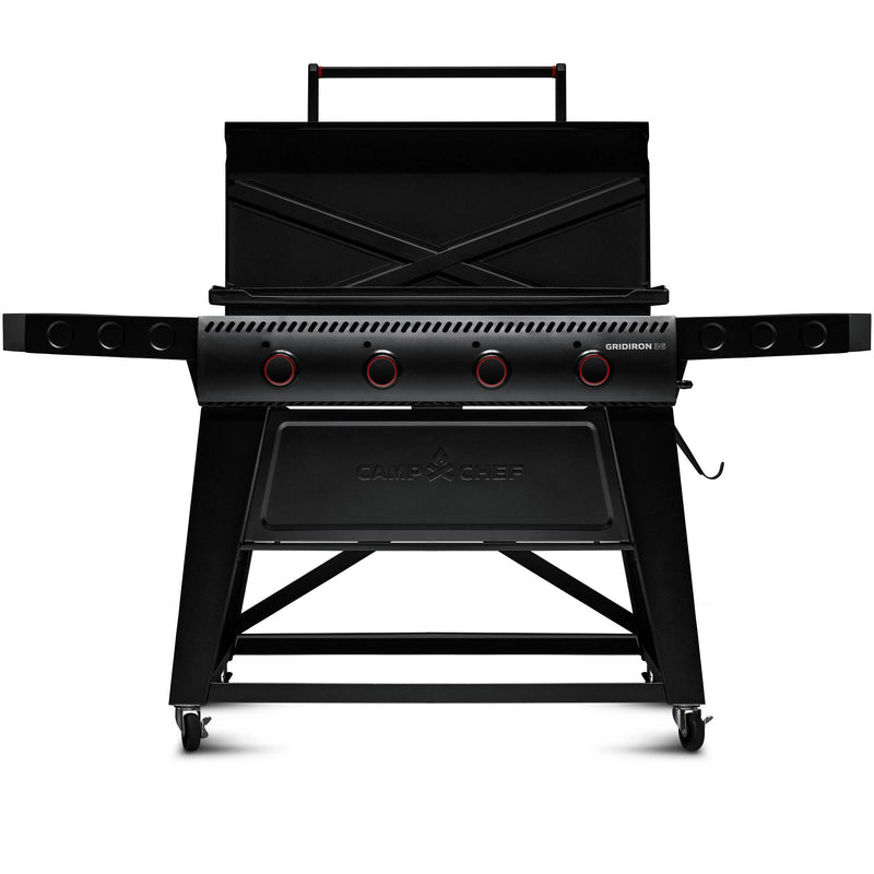 Load image into Gallery viewer, The Camp Chef Gridiron 36 is a black, wheeled barbecue grill with a griddle top that provides even heating and easy clean-up for effortless outdoor cooking.

