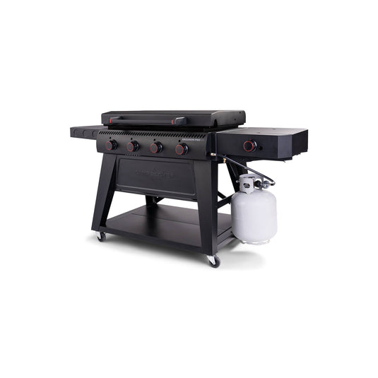 The Camp Chef Gridiron Pro Flat Top Grill features a spacious black cooking surface, six control knobs, side shelves, and wheels for easy mobility—perfect for any outdoor cooking setup.