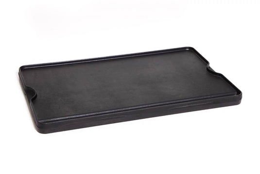 The Camp Chef Griddles 16 is a rectangular black serving tray with raised edges and two small indents on opposite sides, shown on a white background.