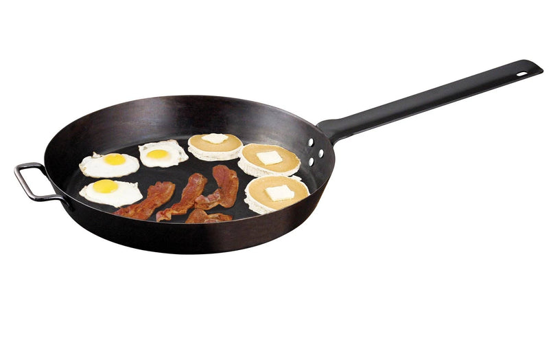 Load image into Gallery viewer, The Camp Chef Lumberjack Skillet - 16” features a long handle and holds three strips of cooked bacon, three sunny-side-up eggs, and three pancakes with butter. Made from seasoned steel, it’s ideal for hearty breakfasts.
