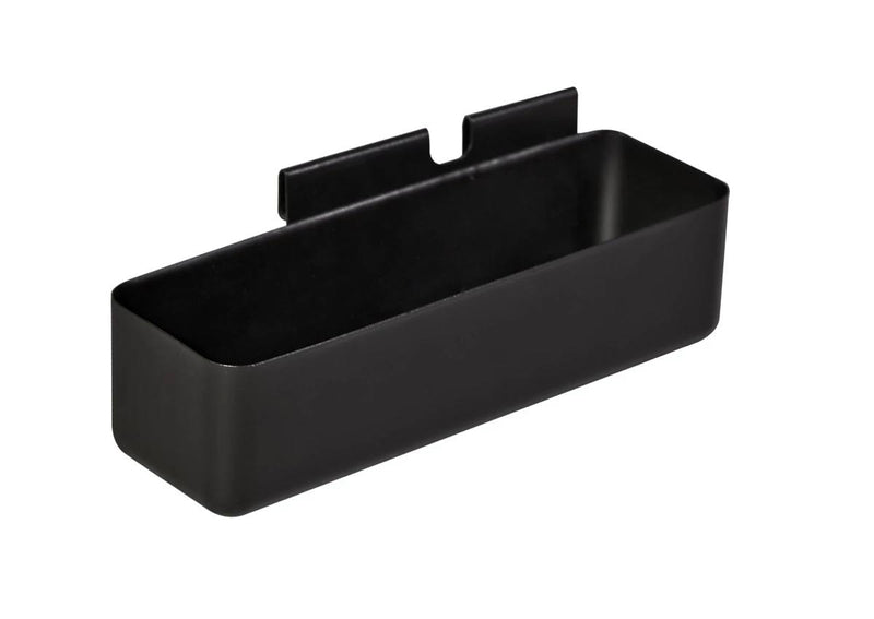 Load image into Gallery viewer, The Camp Chef Professional Grease Cup is a rectangular black metal, wall-mounted storage bin with rounded edges and notched bracket—ideal for organizing grease management tools with your Camp Chef cooking system or Professional Griddle.
