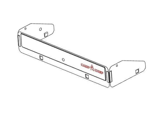 Black and white line drawing of the Camp Chef Cooking System Windscreen, showing two side panels and a rectangular front plate labeled CAMP CHEF with a red flame icon. The bracket includes mounting holes and provides windscreen protection for cooking systems.