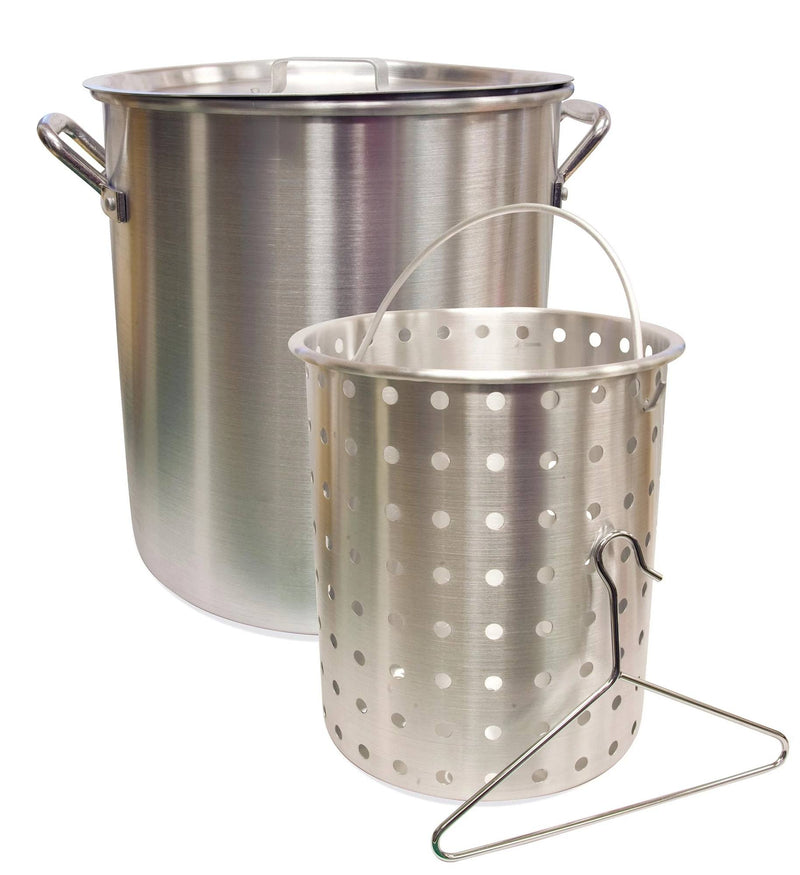 Load image into Gallery viewer, The Camp Chef Aluminum Cooker Pot features side handles and comes with a matching aluminum basket and metal lifting hook. The basket fits inside the pot, making it perfect for easy steaming or boiling of food.
