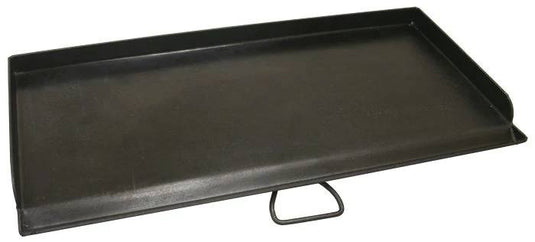 The Camp Chef Griddles 14 is a rectangular, black pre-seasoned griddle with raised edges and a center handle on one side, ideal as a Flat Top Griddle, shown against a white background.