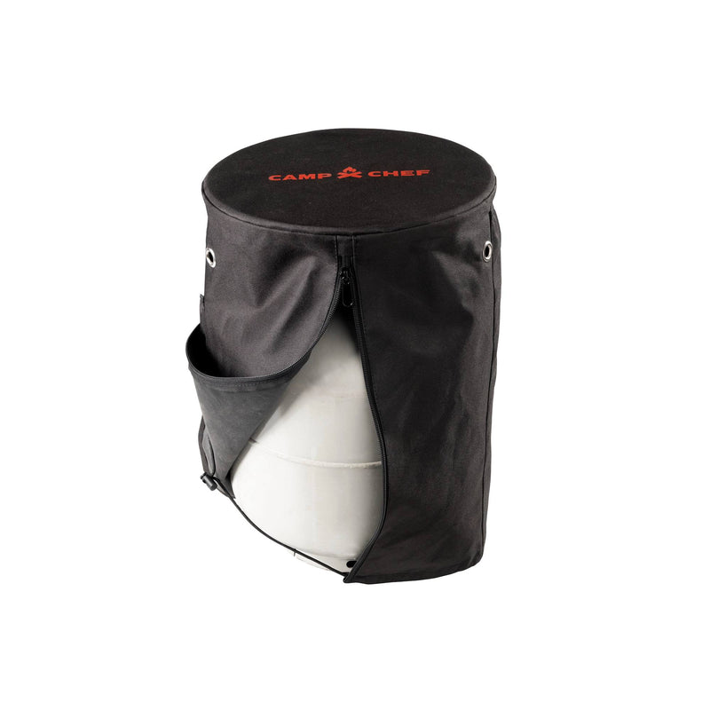 Load image into Gallery viewer, The Camp Chef Propane Tank Cover is a black fabric cover with a zippered front, small side pocket, and “Camp Chef” in red on top; it fits over a propane tank and is ideal as a camping accessory.
