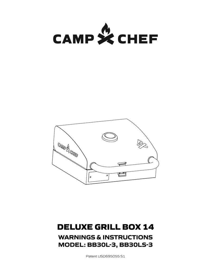 Load image into Gallery viewer, Black and white illustration of Camp Chef BBQ Grill Boxes 14 with logo above; text below reads: DELUXE GRILL BOX 14 WARNINGS &amp; INSTRUCTIONS MODEL: BB30L-3, BB30LS-3, featuring a cast iron grilling surface.
