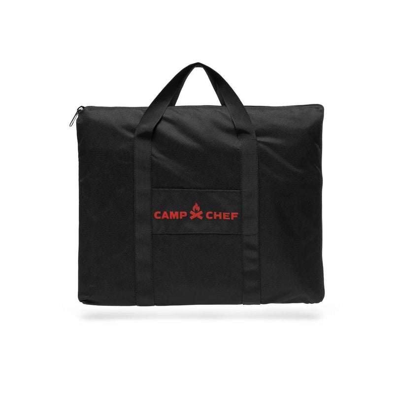 Load image into Gallery viewer, The Camp Chef Griddle Bag - 1 Burner is a weather-resistant black bag with two handles, a front pocket, zipper closure, and features the red Camp Chef logo and flame icon. Designed for the Fry Griddle, it’s shown on a white background.
