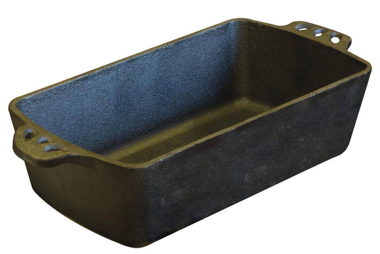 The Camp Chef Cast Iron Bread Pan is rectangular with a rough, textured surface for even heat distribution. It has two handles, each with three holes, and comes pre-seasoned. The pan is empty.