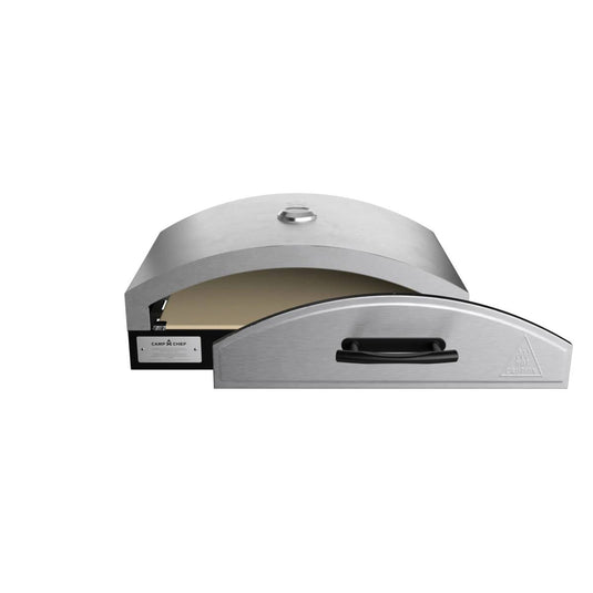 The Camp Chef Pizza Oven 16 - 2 Burner features a stainless steel build, curved top, front handle, and pull-out tray with a ceramic stone—ideal for authentic pizza making. Shown here against a white background.