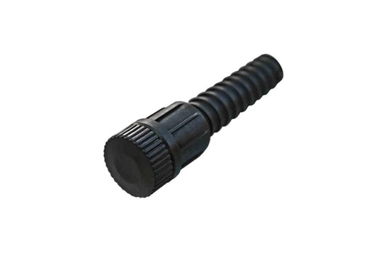 The Camp Chef Leg Levelers are black plastic connectors with ribbed cylindrical bodies and round textured caps, ideal for camping accessories or cooking system leveling, shown isolated on a white background.