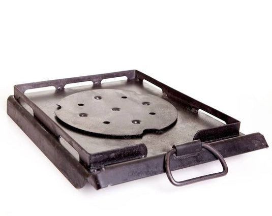 A black rectangular metal portable stove with a center holed circular plate and front handle, perfect for use with Camp Chef Griddles 16 or other professional flat top griddles.