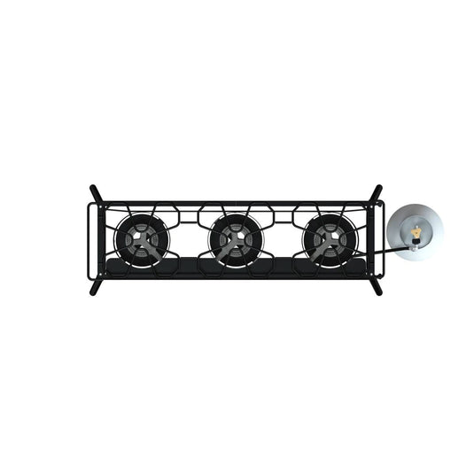Top view of the Camp Chef Explorer, a three-burner black metal gas stove for outdoor cooking, connected to a round silver gas cylinder on the right, isolated on white.