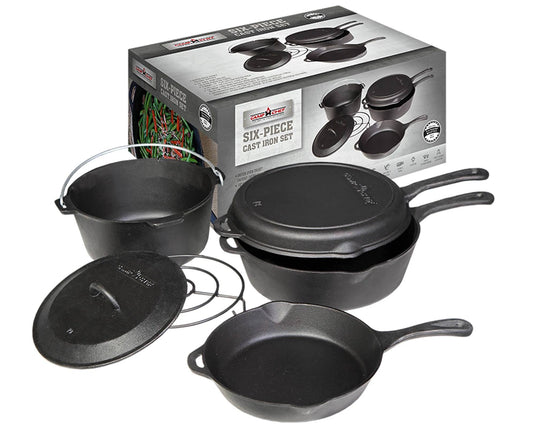 The Camp Chef 6-Piece Cast Iron Set, in classic black, includes a Dutch oven with lid, grill, and two skillets. Sturdy and pre-seasoned, the heavy-duty cookware is shown in front of its packaging box.