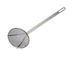 The Camp Chef Long Handled Skimmer features a nickel-plated handle and a round mesh basket, making it ideal for straining or lifting food from hot liquids.