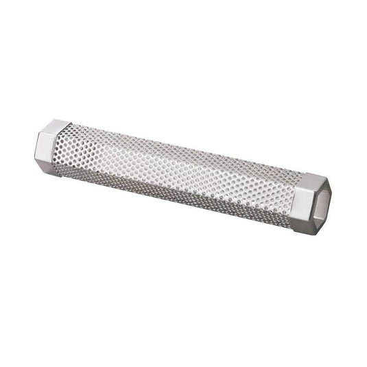The Camp Chef Smoke Tube is a cylindrical metal tube with hexagonal ends and a perforated body, perfect for holding wood chips to infuse your food with rich wood-fired flavor.