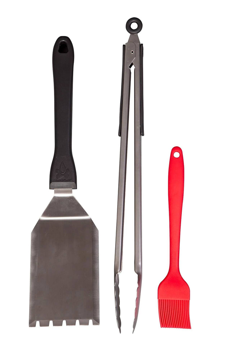 Load image into Gallery viewer, The Camp Chef BBQ Tool Set includes a metal spatula with a black handle, stainless steel tongs with black grips, and a red silicone basting brush—must-have grilling accessories for any barbecue.
