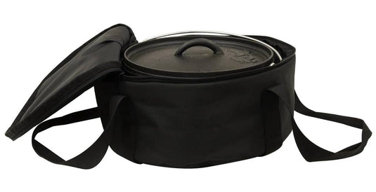 The Camp Chef Dutch Oven Carry Bag, shown in black with handles and a partial zipper open to display a Dutch oven and lid inside, offers secure storage and easy transport for your cookware.