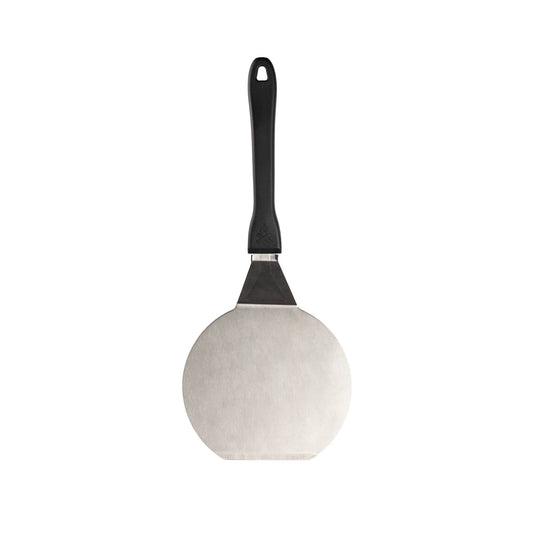 A Camp Chef Pizza Spatula with a round, flat stainless steel blade and black plastic handle is displayed on a white background.