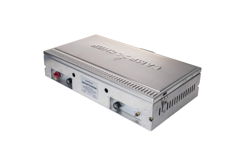 Load image into Gallery viewer, The Camp Chef Mountaineer is a rectangular metallic gas oven with control knobs, vents, and a side label—perfect for outdoor cooking—shown on a white background.
