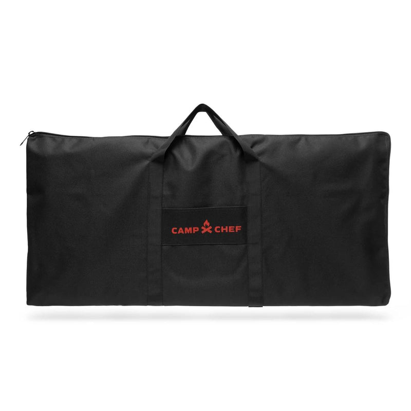 Load image into Gallery viewer, The Camp Chef Griddle Bag 14 - 2 Burner is a large black bag with two handles and an EZ glide zipper, featuring red "CAMP CHEF" text on the front.
