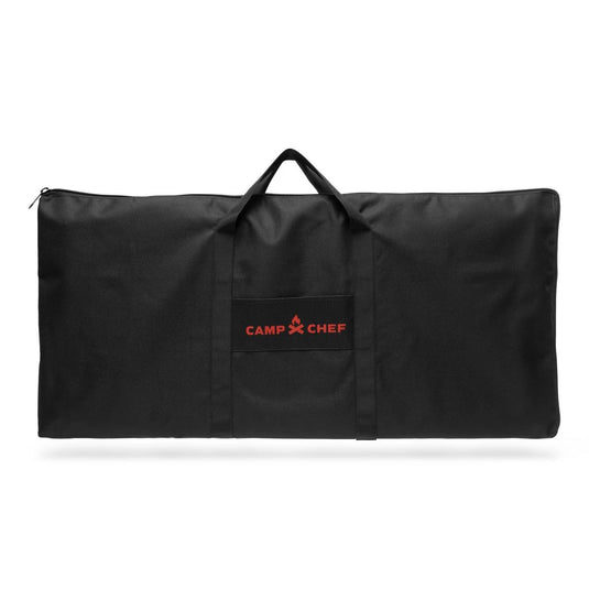 The Camp Chef Griddle Bag 14 - 2 Burner is a large black bag with two handles and an EZ glide zipper, featuring red 