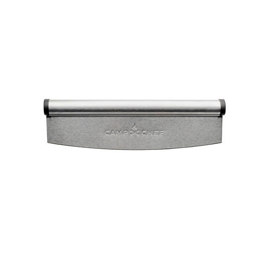 The Camp Chef Rocking Pizza Cutter features a stainless-steel curved blade with an engraved logo and a black handle—ideal for artisan-style pizzas. Shown on a white background.
