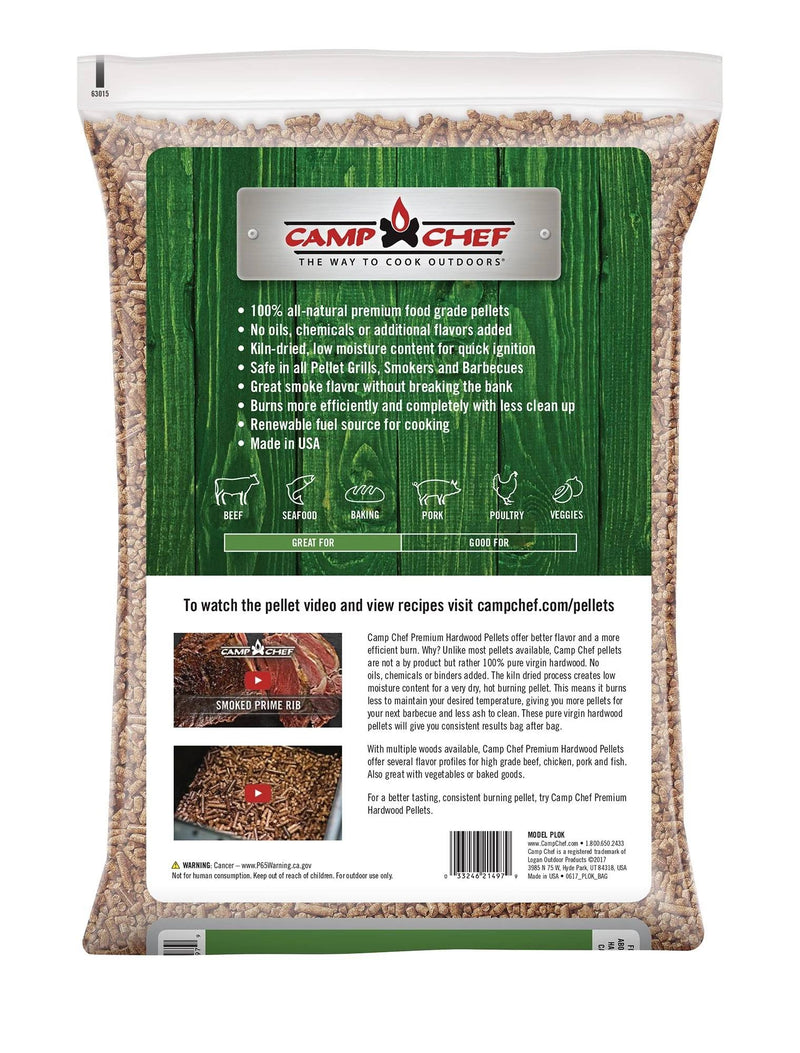 Load image into Gallery viewer, A 20-lb bag of Camp Chef Hardwood Pellets features a green, wood-themed background with details, grill icons, and instructions to explore bold smoke flavor recipes and videos on the Camp Chef website.
