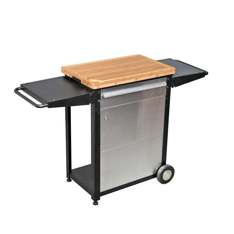 Load image into Gallery viewer, The Camp Chef Patio Cart features a stainless steel frame, wooden top, two black side shelves, a handle, and two wheels—ideal for your patio or outdoor kitchen.
