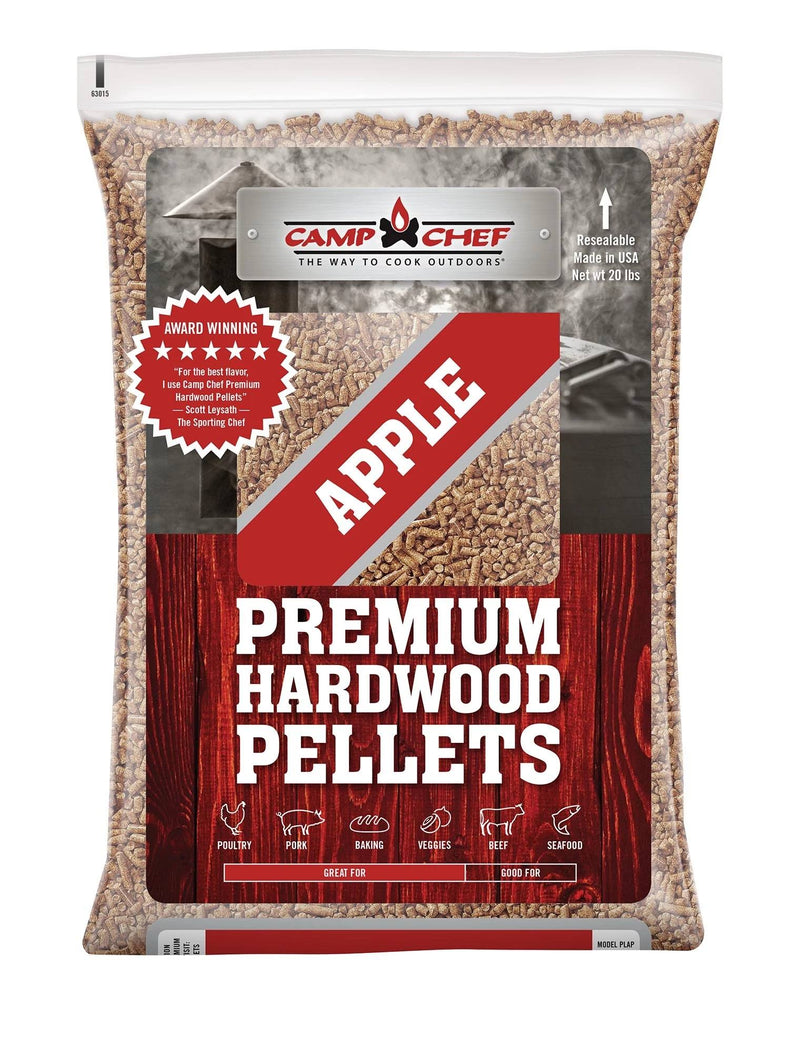 Load image into Gallery viewer, A 20 lb bag of Camp Chef Hardwood Pellets provides rich smoke flavor for grilling and smoking. Versatile for poultry, pork, baking, veggies, beef, and seafood, this resealable bag is proudly made in the USA.
