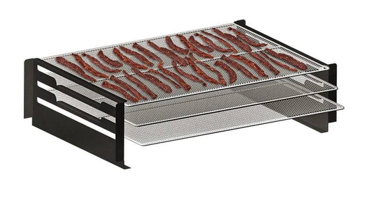 The Camp Chef Pellet Grill Jerky Racks feature three mesh trays in a black metal frame, letting you maximize your pellet grill's cooking area by holding strips of seasoned meat or other foods.
