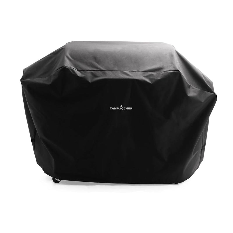 Load image into Gallery viewer, The Camp Chef Woodwind Pro Cover is a black grill cover featuring the Camp Chef logo in white on the front, designed to fully protect your grill.
