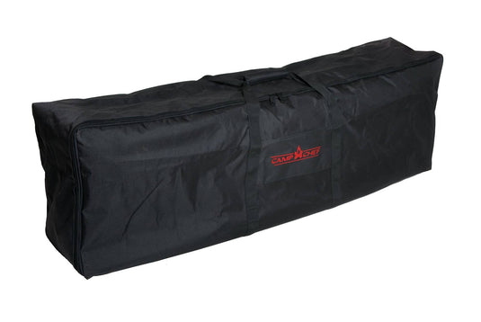 The Camp Chef Explorer 3X Bag is a large, black, rectangular gear bag with handles and a zipper, featuring the red Camp Chef logo—ideal for carrying and protecting your Explorer 3X cooking system.