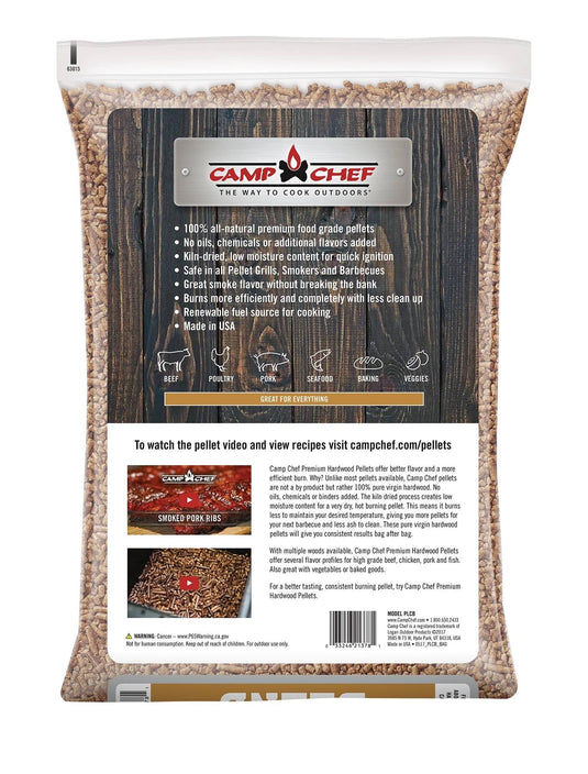 Camp Chef Hardwood Pellets bag for grilling, featuring product highlights above an image of pellets, the Camp Chef logo, and usage instructions. The clear top lets you see the rich smoke flavor inside.