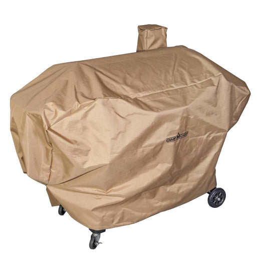 The Camp Chef Pellet Grill Cover fits pellet grill smokers with wheels and a chimney slot. Its snug fit, small front logo, and durable design protect your outdoor grill from the elements on your patio.