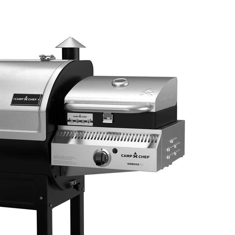 Load image into Gallery viewer, A close-up of a Camp Chef Sidekicks propane burner attachment with control knob and vents, displaying the Camp Chef logo, set against a plain white background.
