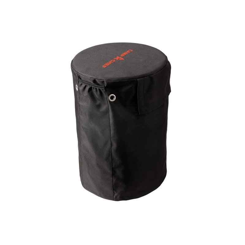 Load image into Gallery viewer, A black cylindrical fabric Propane Tank Cover by Camp Chef with metal eyelets and a pocket, featuring the red Camp Chef logo on top, photographed against a white background—an ideal camping accessory.
